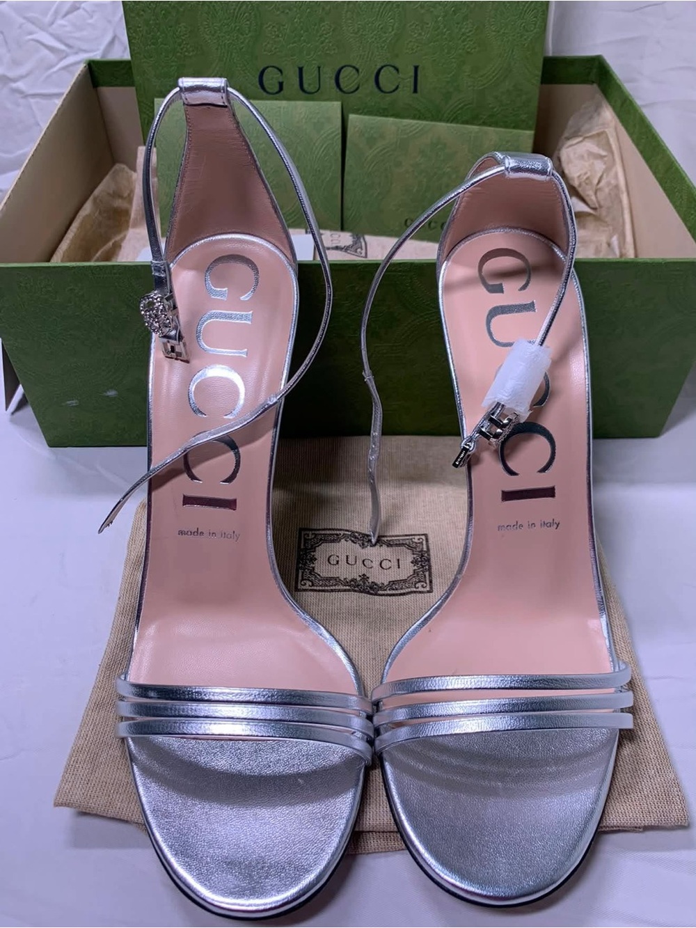 Gucci Silver Metallic Strappy Ankle-Heel Sandals New